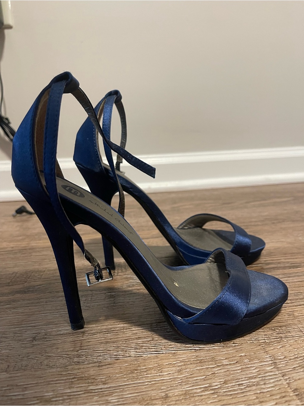 Elegant Navy Satin High Heel Sandals with Ankle Strap